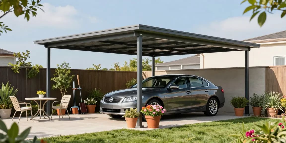Schöner Carport schützt modernes Auto in einem gepflegten Garten.