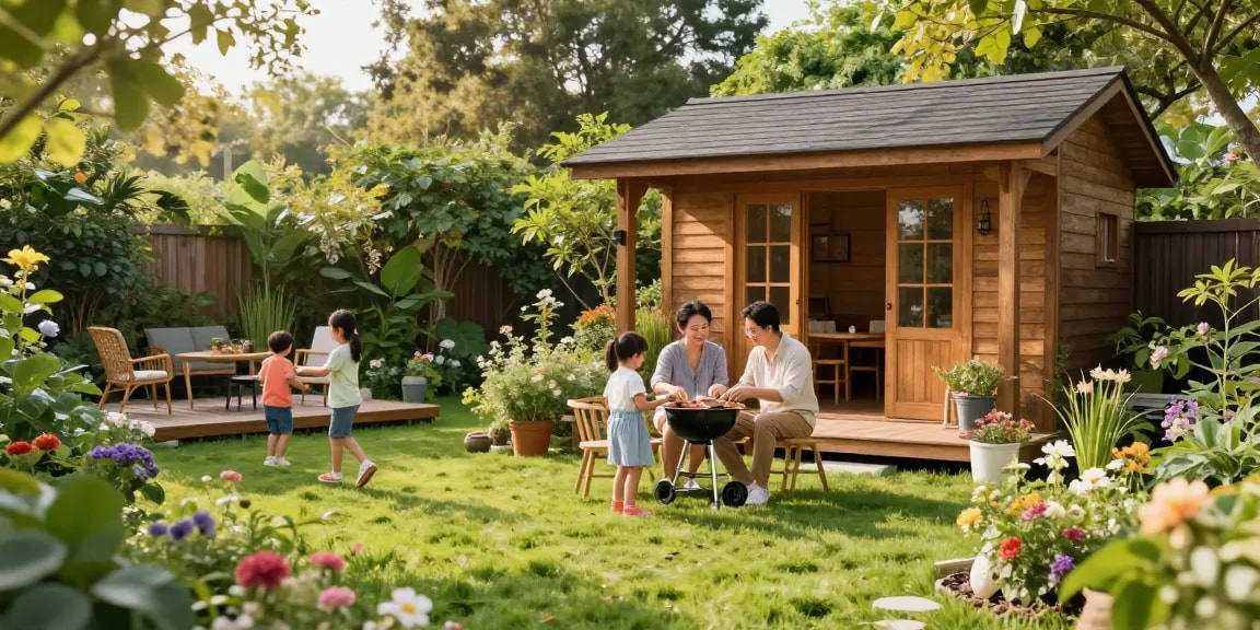 Gartenhaus kaufen mit Familie beim Grillen in einem schönen Garten.