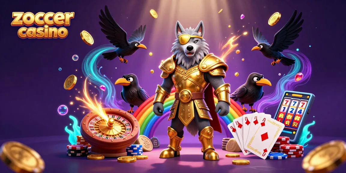 Zoccer casino illustration with Norse mythology characters and vibrant casino elements.
