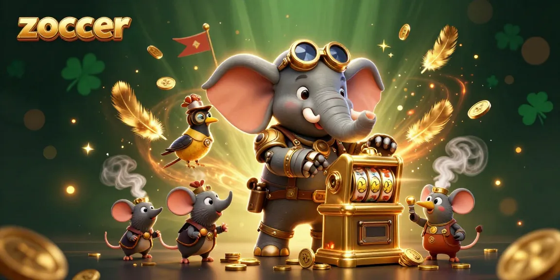 Spin the golden slots at Zoccer Casino with a steampunk elephant and vibrant game elements.