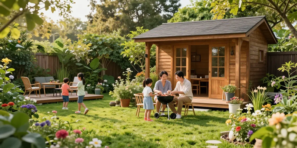 Gartenhaus kaufen mit Familie beim Grillen in einem schönen Garten.
