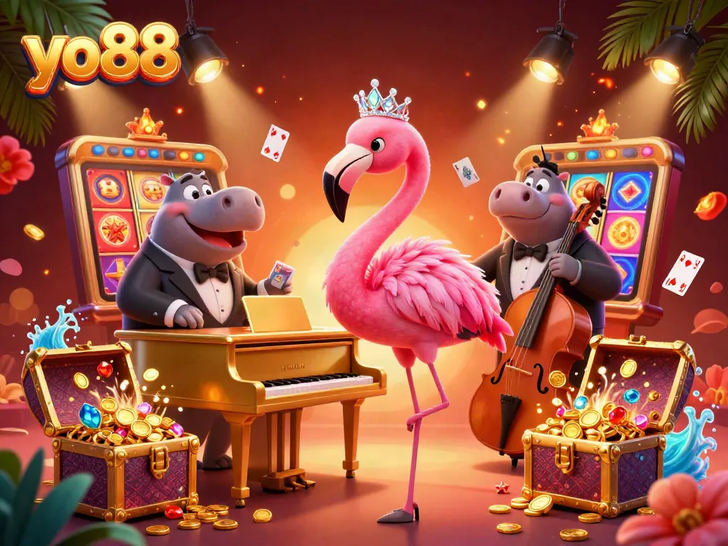 Win big at yo88 with a vibrant casino scene featuring colorful characters, slot reels, and treasure elements.