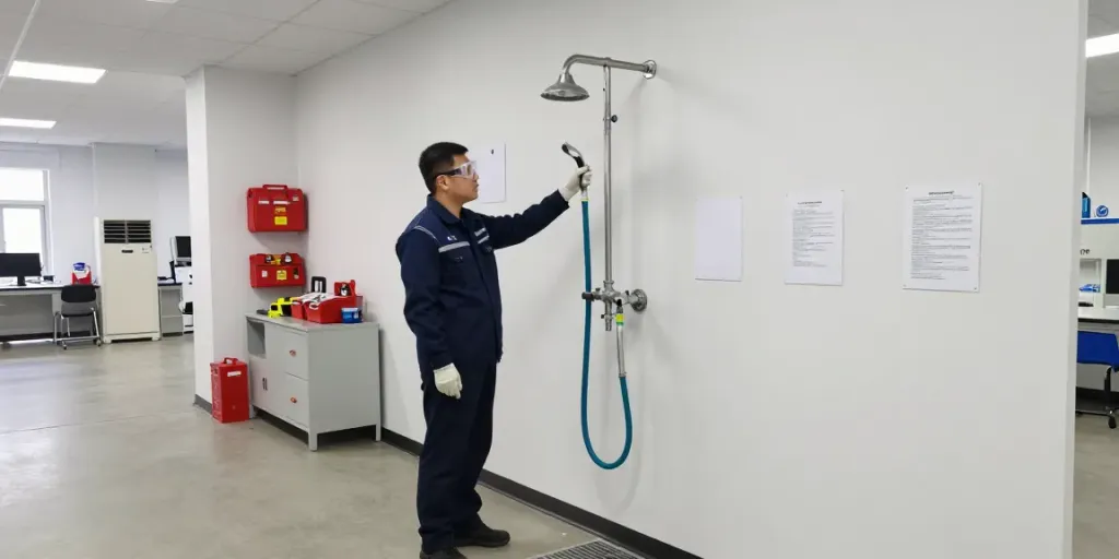 Industrial emergency shower setup demonstrating compliance and safety features in a laboratory setting, showcasing a professional environment for handling emergencies with an industrielle Notdusche.