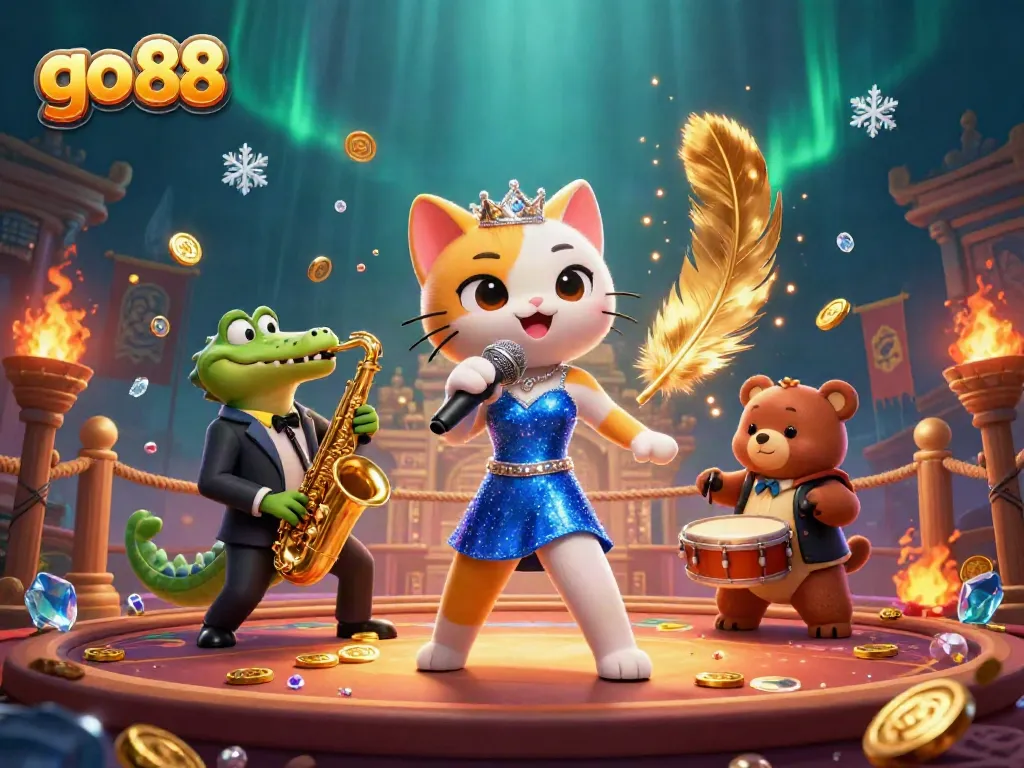 Experience the vibrant energy of go 88 casino with animated characters performing on stage.