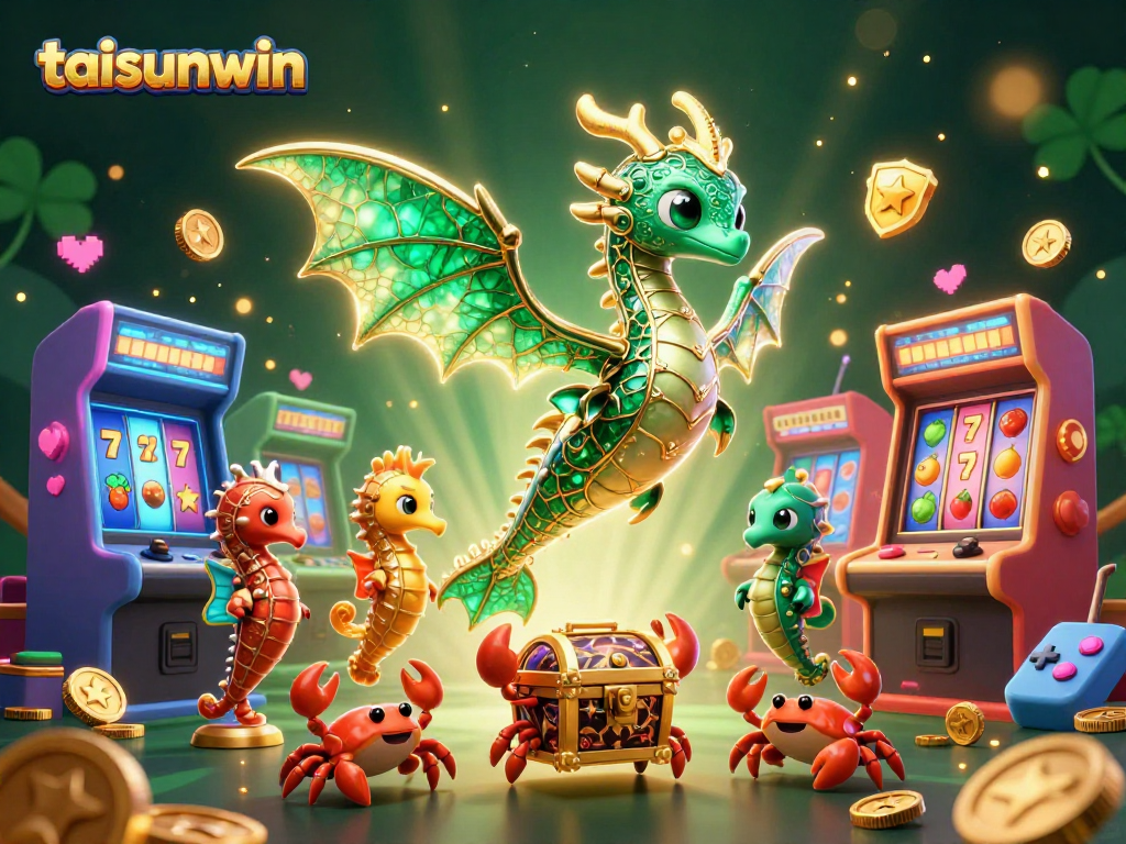 Taisunwin slot adventure featuring an emerald sea dragon, royal seahorse guards, and treasure-filled crabs.