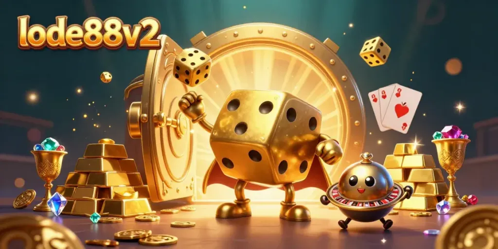 Engage with the vibrant lode88v2 gaming scene featuring a dice golem amidst treasures and game elements.