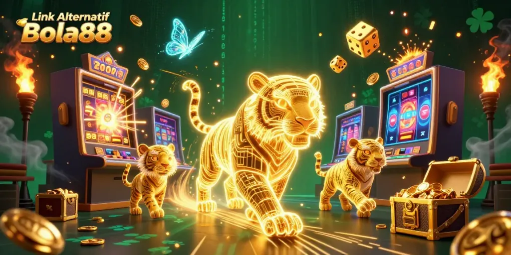 Engage with Link Alternatif Bola88 in this vibrant 3D casino scene showcasing exciting betting elements.