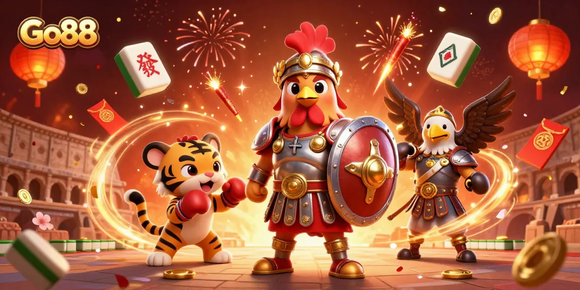 Experience the excitement of Go88 with a vibrant 3D illustration of a gladiator rooster and tiger cub in a lively casino atmosphere.
