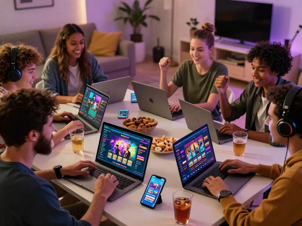 Experience top-notch online gaming at https://1da88.it.com/ with friends enjoying vibrant visuals and snacks in a cozy lounge.