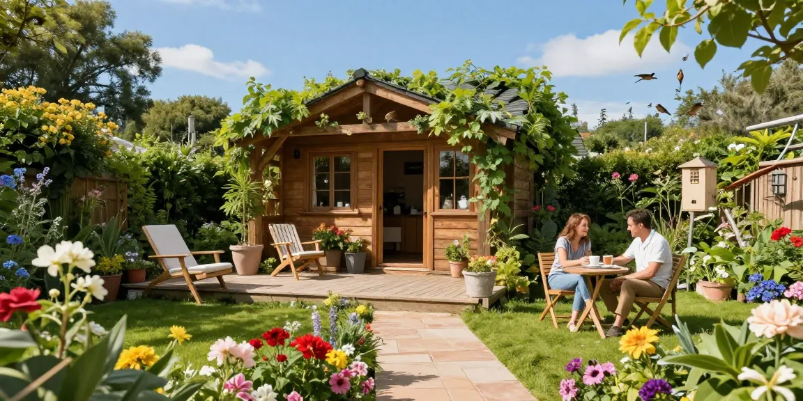 Schönes Gartenhaus aus Holz in einer idyllischen Gartenlandschaft, umgeben von bunten Blumen.