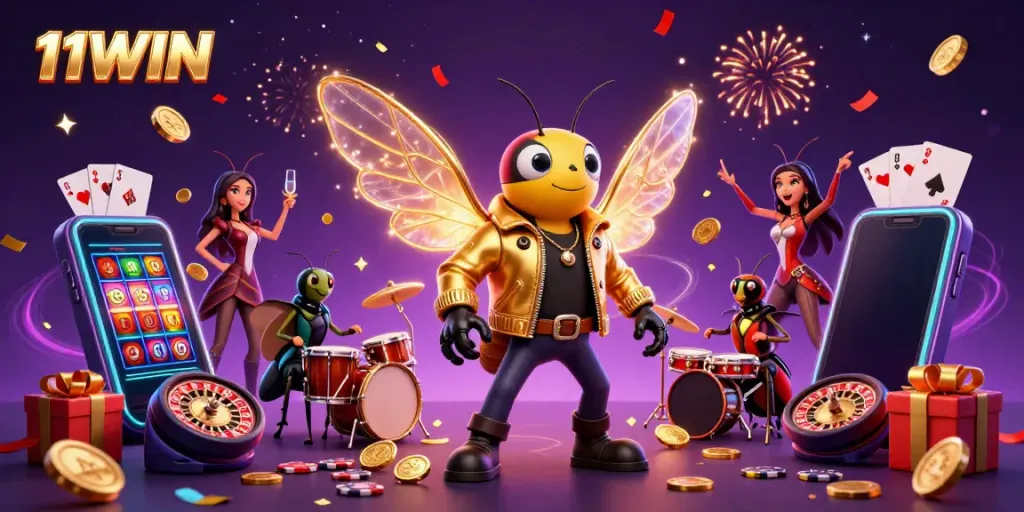 Experience vibrant gameplay with 11WIN as the animated rock star celebrates surrounded by casino elements.