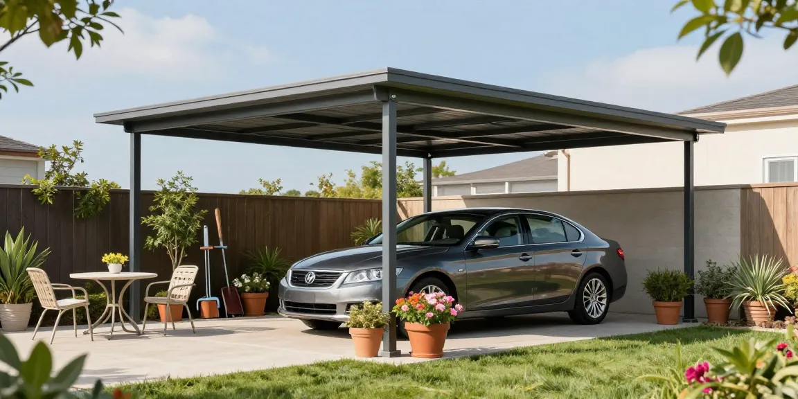 Schöner Carport schützt modernes Auto in einem gepflegten Garten.