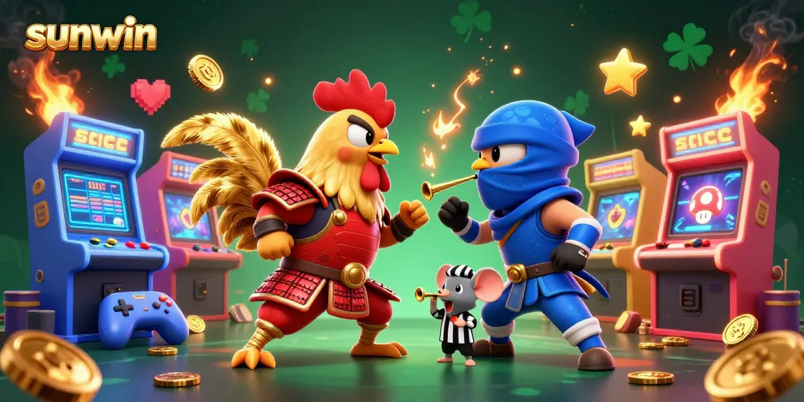 Engage in thrilling moments with sunwin's dynamic cartoon rooster duel amidst vibrant casino elements.
