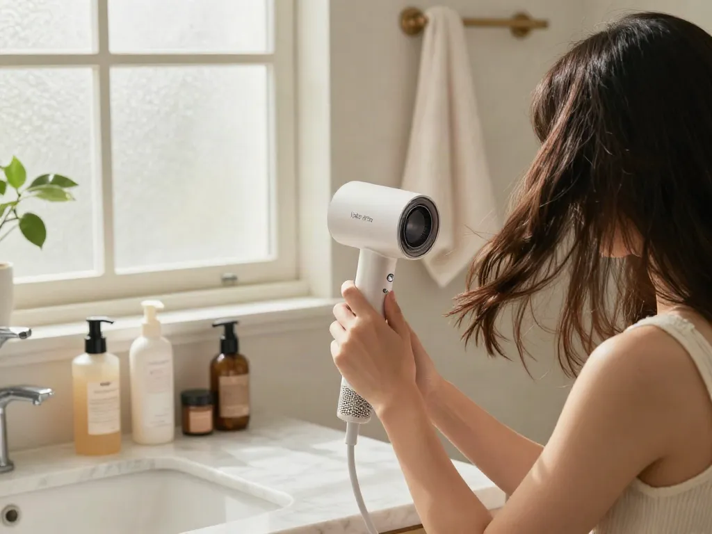 Der Laifen Air Pro Haarfön für schnelles und effektives Haaretrocknen in einem hellen Badezimmer mit schöner Atmosphäre.