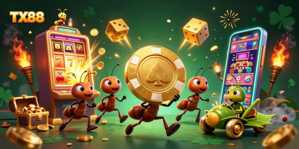 Experience thrilling action with TX88 in this vibrant 3D illustration of a heist in a casino.