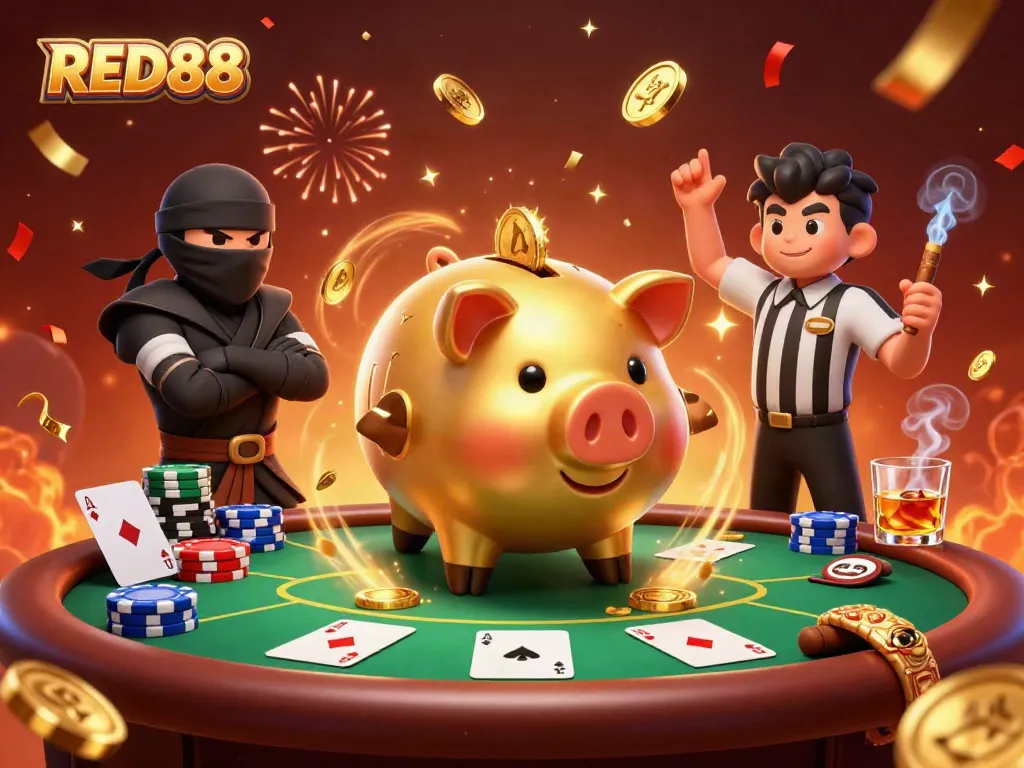 Join the excitement at RED88 with animated characters and a vibrant casino backdrop.