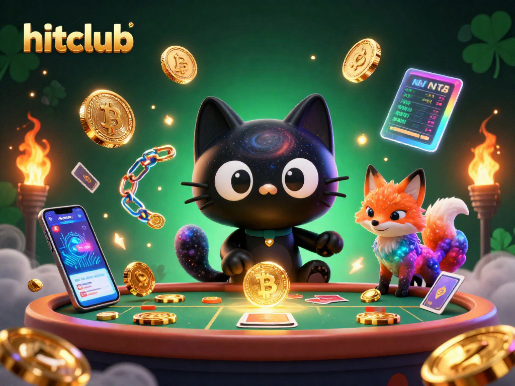 Engage with hitclub as the black hole cat draws in golden chips and crypto coins in a vibrant casino universe.