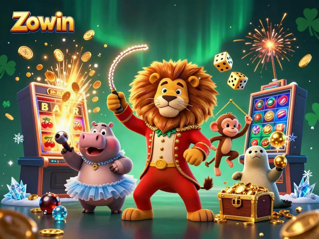 Zowin's vibrant carnival scene with a lion, hippo, monkey, and seal amidst a jackpot explosion.