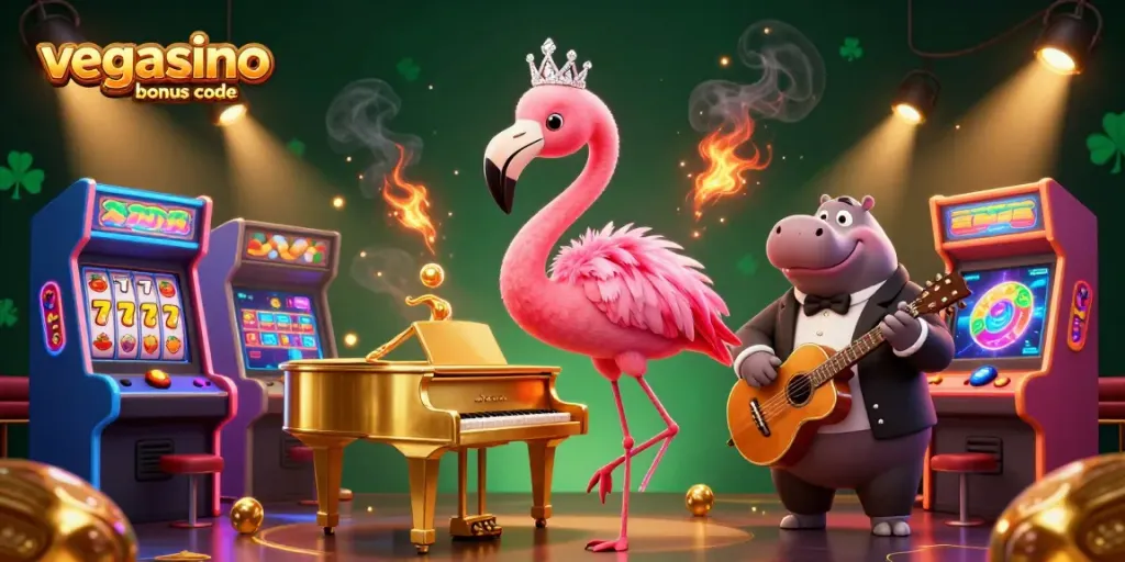 Engage with the excitement of Vegasino bonus code through vivid 3D casino visuals showcasing characters and gaming elements.