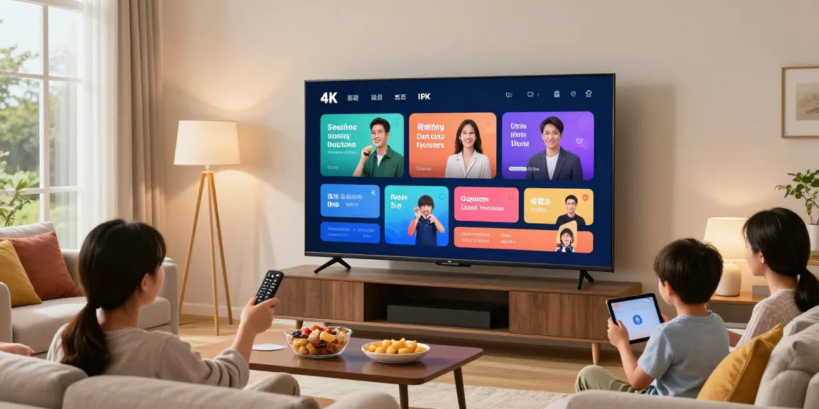 Family enjoying the best IPTV anbieter with vibrant 4K content in a cozy living room setting.
