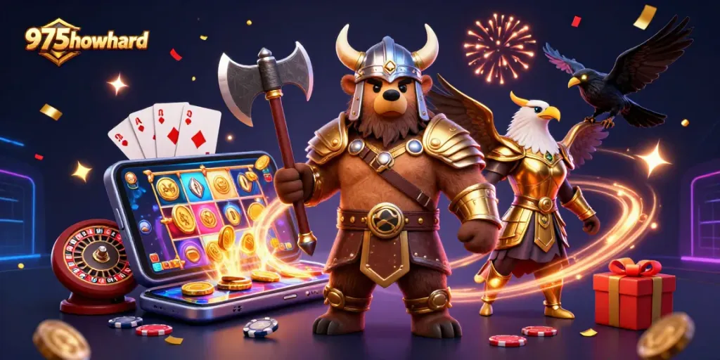 Engage with vibrant 975howard gambling action, featuring a Viking berserker, Valkyrie, and casino elements.