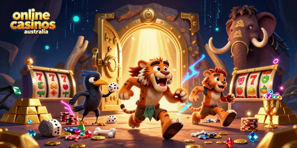 Experience online casinos australia with a vibrant illustration showcasing a prehistoric casino atmosphere filled with vibrant game elements