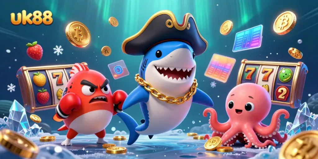 Experience thrilling slots action with uk88 in an exciting underwater casino adventure, featuring vibrant characters.
