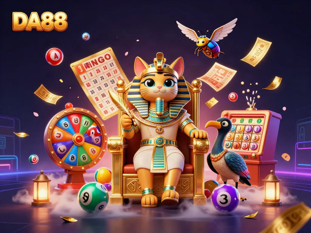 Engage in thrilling gaming at DA88 with dynamic lottery balls flying and vibrant casino elements.