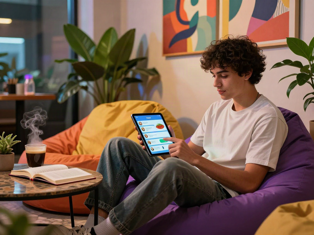 Engaging in spicy AI chat on a tablet in a vibrant urban lounge.