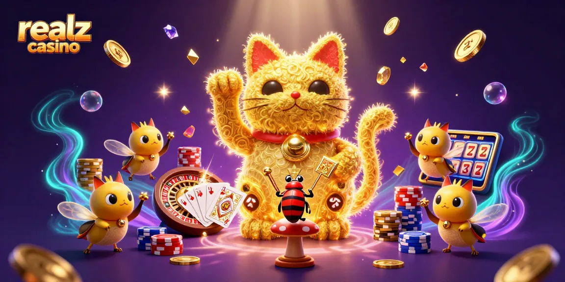 Engage with the exciting world of realz casino featuring vibrant 3D visuals, lucky cat, and casino symbols.