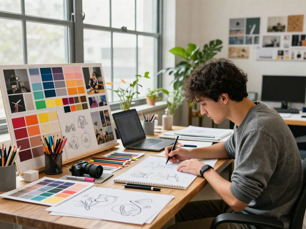 Designer creating vibrant sketches in a collaborative workspace with rokok88 super inspiration.