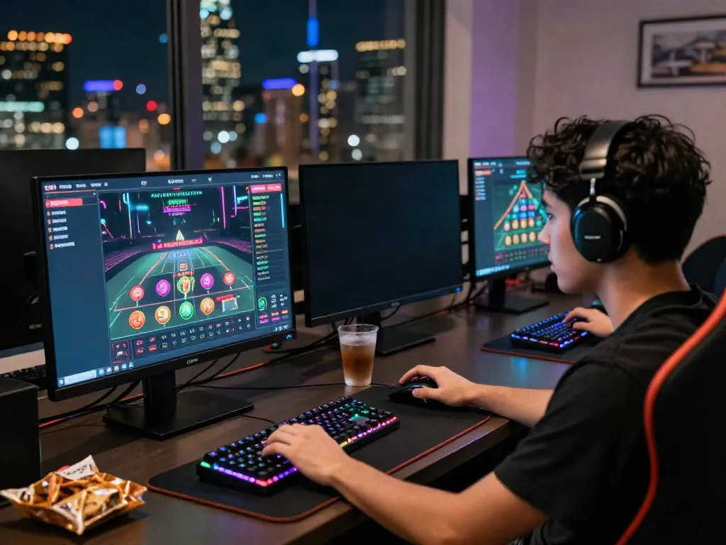 Engaged player using Link Nbet on dual monitors in a vibrant gaming setup.