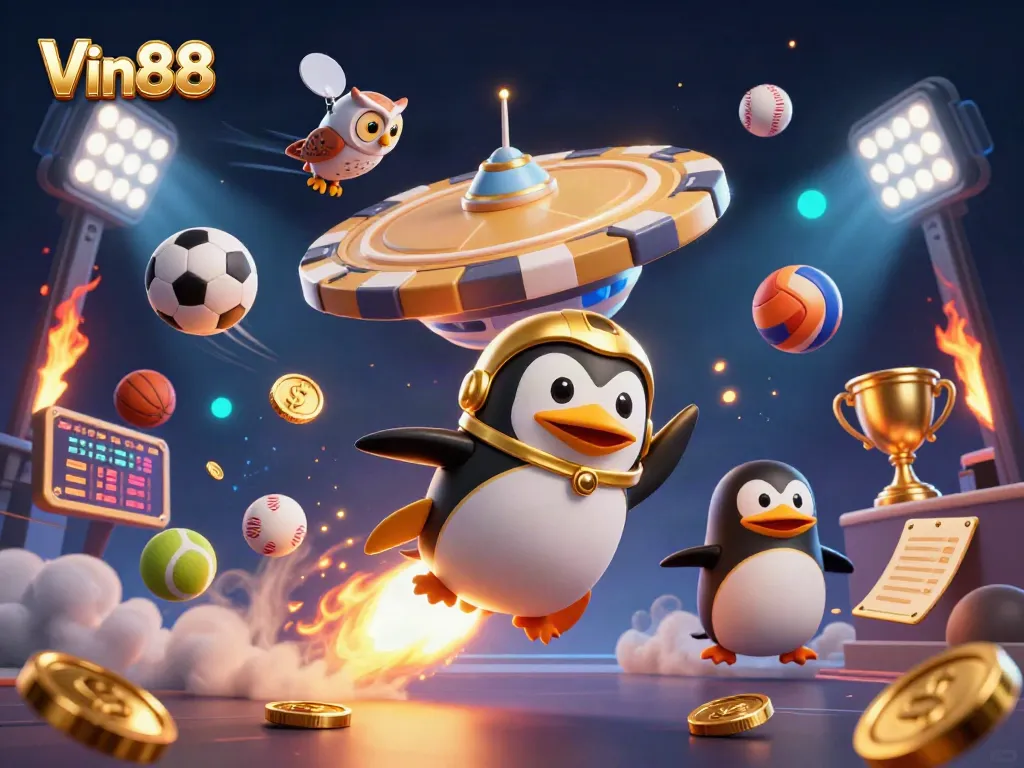 Experience the excitement of Vin88 with a vibrant 3D illustration of a rocket-powered penguin heading towards a casino space station.